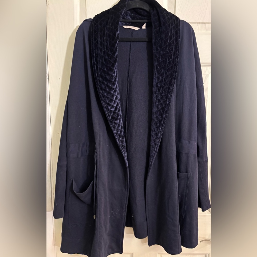 Soft Surroundings Navy Velvet Trim Robe Jacket Adjustable Waist